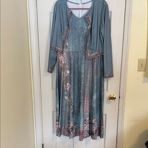 Elegant Teal and Pink Floral Dress with Jacket